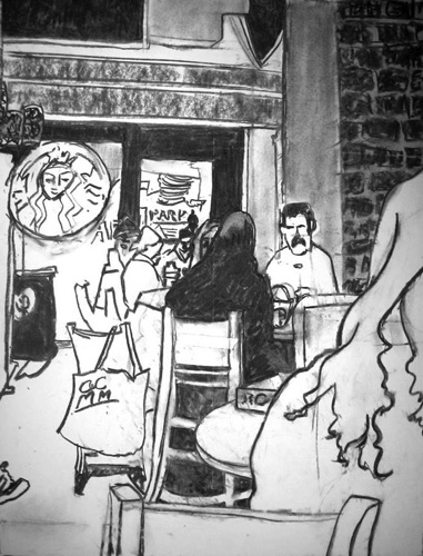 The Conversation, Starbucks (sold);
Willow Charcoal, 2014;
24 x 18 in. The Conversation, Starbucks (sold);
Willow Charcoal, 2014;
24 x 18 in.